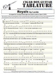 Royals by Lorde – 3-string Open G “GDG”– Tablature and Chords for Cigar Box Guitar