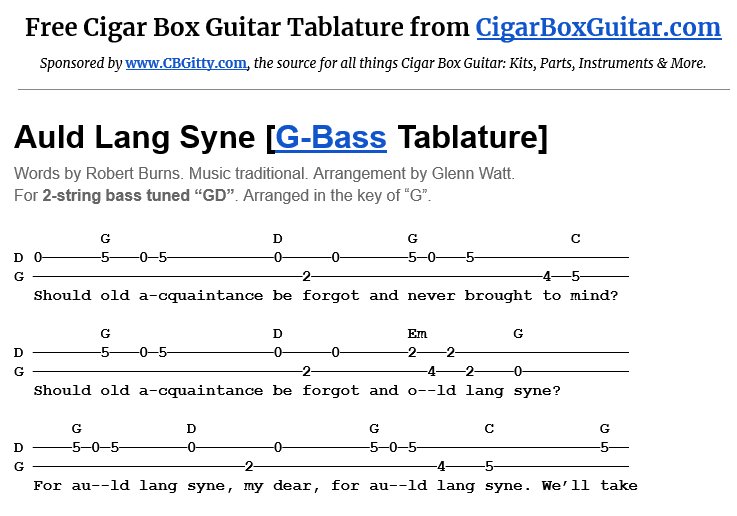 2-string bass tablature for Auld Lang Syne Auld Lang Syne 2-String G-Bass Tablature