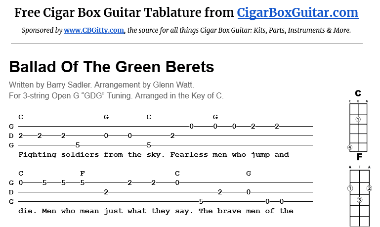 Ballad Of The Green Berets 3-string cigar box guitar tablature
