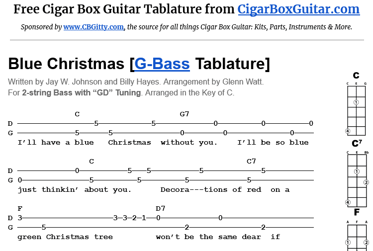 Blue Christmas Performed By Elvis Presley 2String Bass Tablature