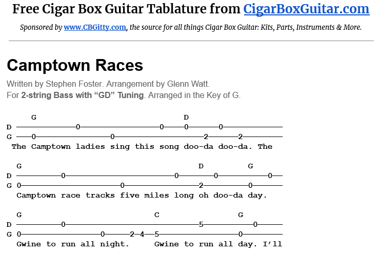 Camptown Races 2-String G-Bass Tablature Camptown Races 2-String G-Bass Tablature