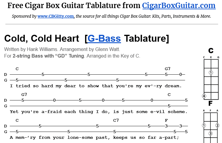 Cold, Cold Heart 2-string bass tablature Cold, Cold Heart 2-String G-bass Tablature