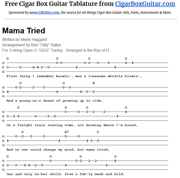 Mama Tried 3-string cigar box guitar tablature