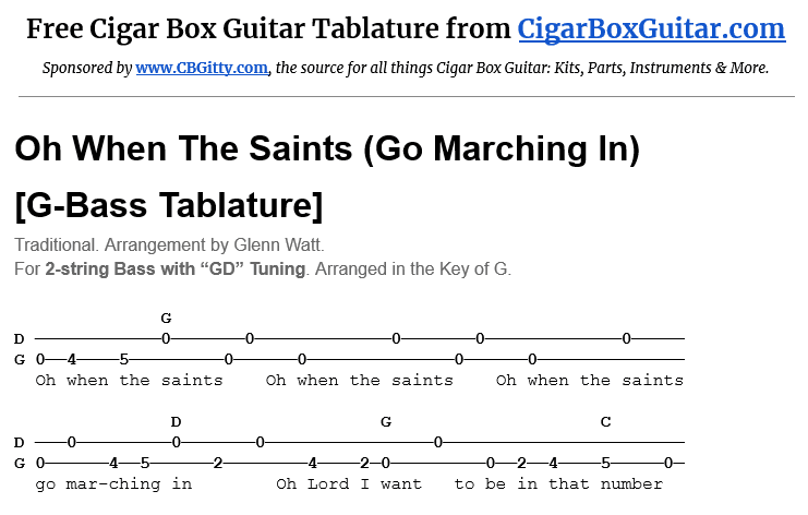 Oh When The Saints (Go Marching In) 2-string bass tablature Oh When The Saints (Go Marching In) 2-String G-bass Tablature