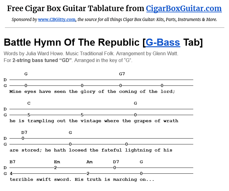 Battle Hymn Of The Republic 2-string G-Bass tablature Battle Hymn Of The Republic 2-string G-Bass tablature