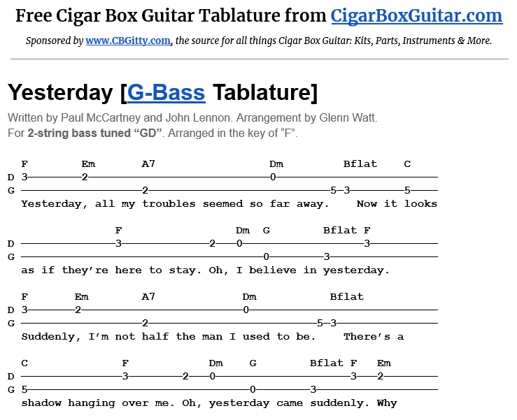 Yesterday 2-String G-Bass Tablature