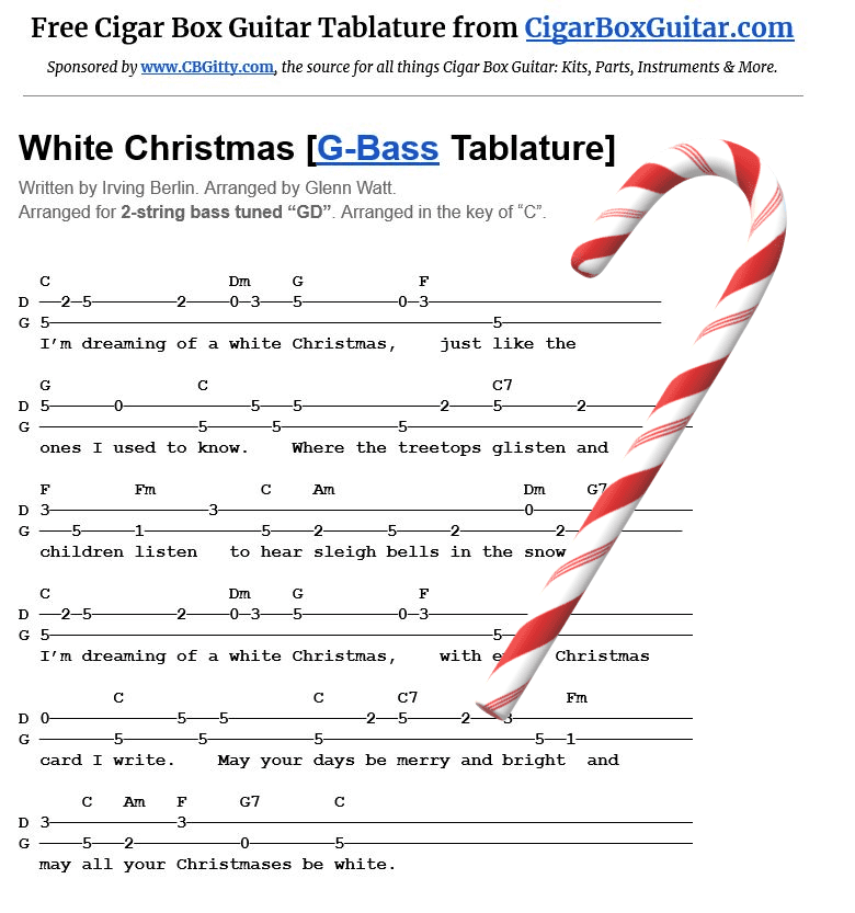 White Christmas 2-string G-Bass tablature by C. B. Gitty Crafter Supply White Christmas 2-string G-Bass tablature by C. B. Gitty Crafter Supply