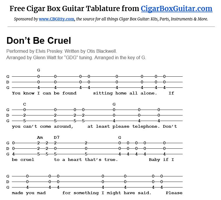 Screen capture of Don't Be Cruel 3-string cigar box guitar tablature Screen capture of Don't Be Cruel 3-string cigar box guitar tablature