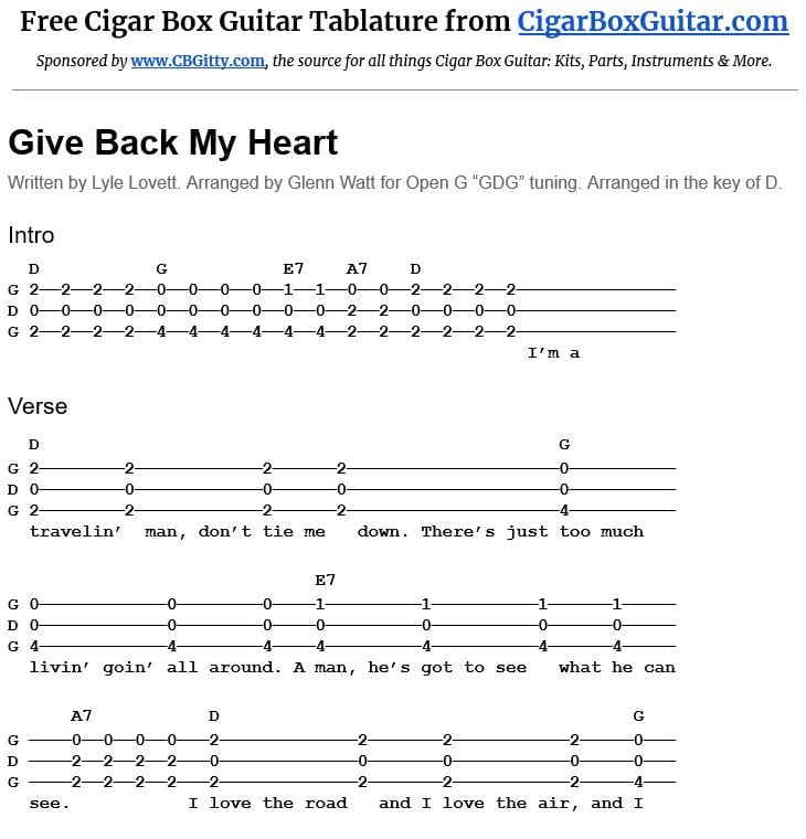 Give Back My Heart 3-string cigar box guitar tablature Give Back My Heart 3-string cigar box guitar tablature