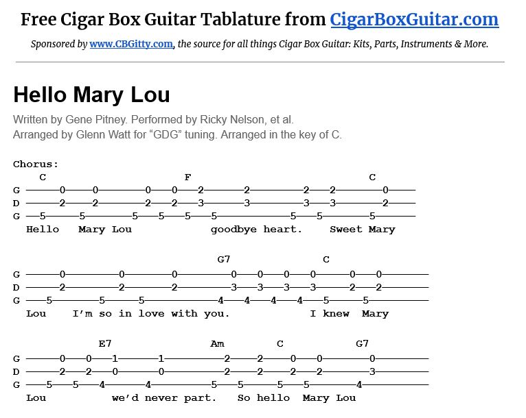Hello Mary Lou 3-string cigar box guitar tablature Hello Mary Lou 3-string cigar box guitar tablature