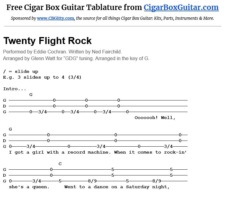 image of Twenty Flight Rock 3-string cigar box guitar tablature